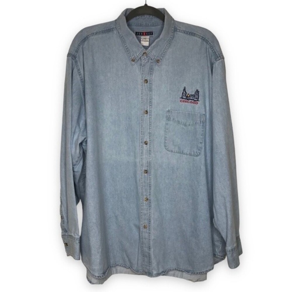 Jerzees Denim Long Sleeve Shirt Chicago Skyline Embroidered Chest Button Up XXL